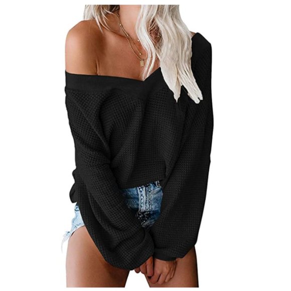 Sweaters - Off Shoulder Long Sleeve Waffle Knit Pullover